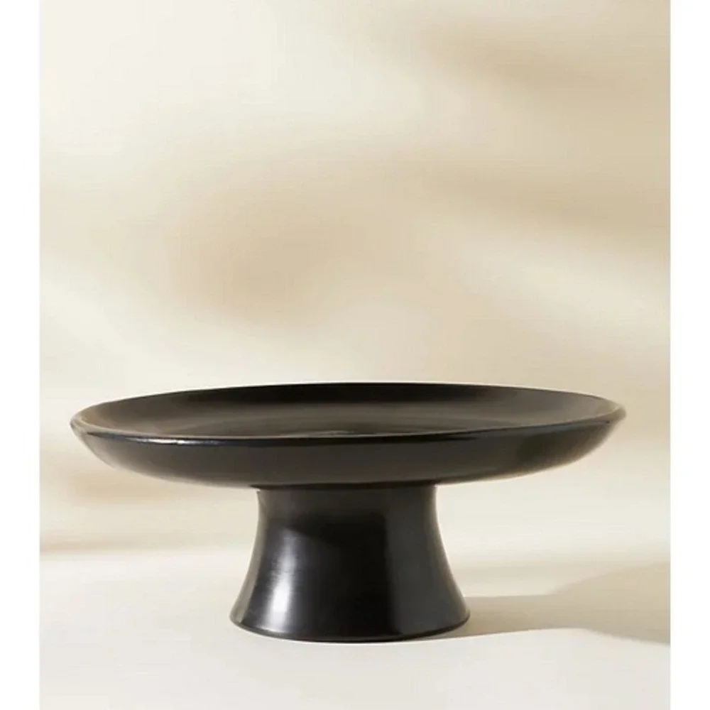 Anthropologie Moroccan Tadelakt Footed Bowl Pedestal Stand Platter‎ Black Large